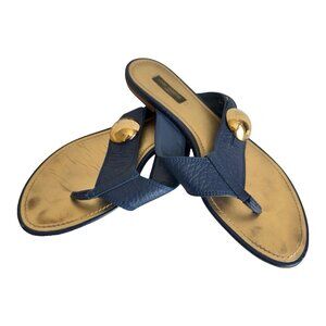 Authentic Louis Vuitton Navy Leather Chaussures Slides Thong Sandals 38.5/8.5